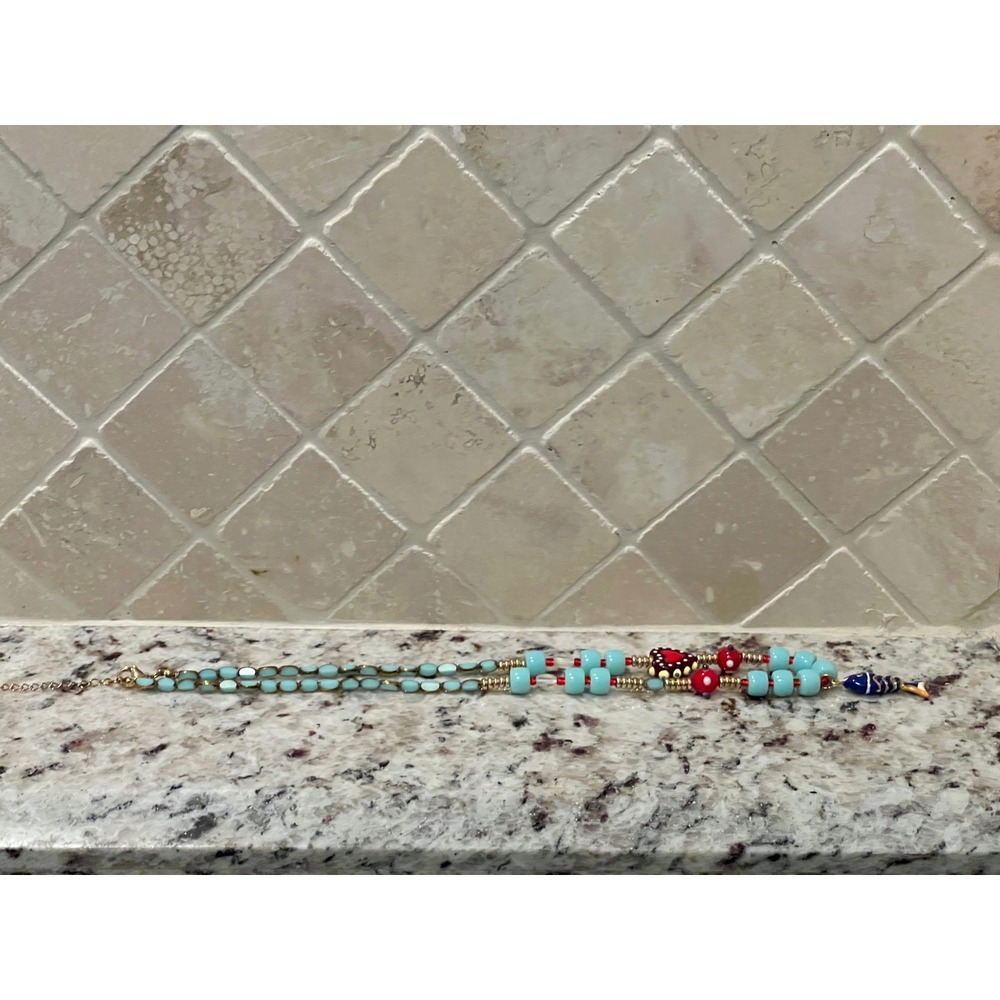 Mayamar Whimsical Beaded Fish & Heart Charm Necklace Blue Gold Tone - Picture 4 of 7